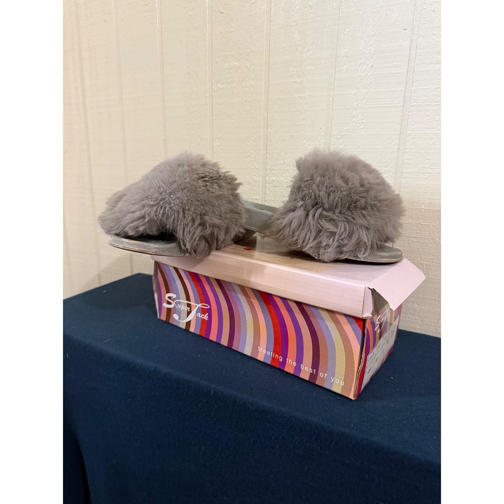 Super Jack Grey Faux Fur Slide Sandals Slippers Style 1926 Women Size 10